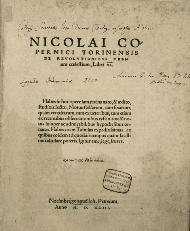 Portada de "De Revolutionibus Orbium Coelestium", por Copérnico, en la edición inicial de 1543.