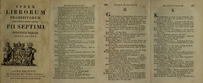 Edición de 1819 del "Index Librorum Prohibitorum et Expurgatorum". Es la última en la que  todavía figuran obras heliocéntricas de Kepler y Galileo, junto a "De revolutionibus" de Copérnico.