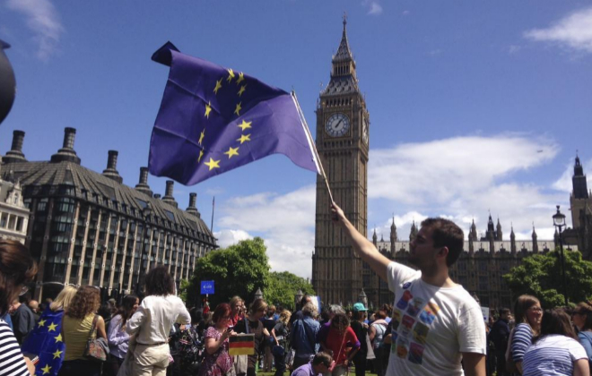 Un ciudadano britnico en Londres en una protesta contra el Brexit.