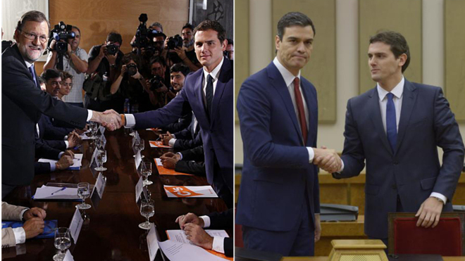 Mariano Rajoy y Albert Rivera hoy; y el lder de Ciudadanos y Pedro...