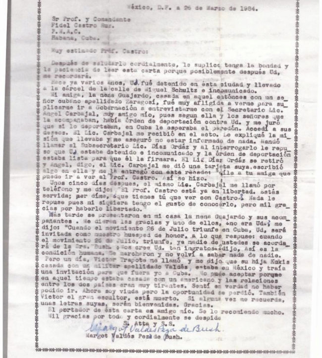 Carta de Margot Bush a Fidel Castro.