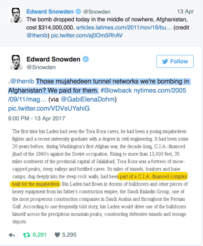 El ex analista de la CIA, Edward Snowden, asegura que los tneles bombardeados fueron construidos por la agencia