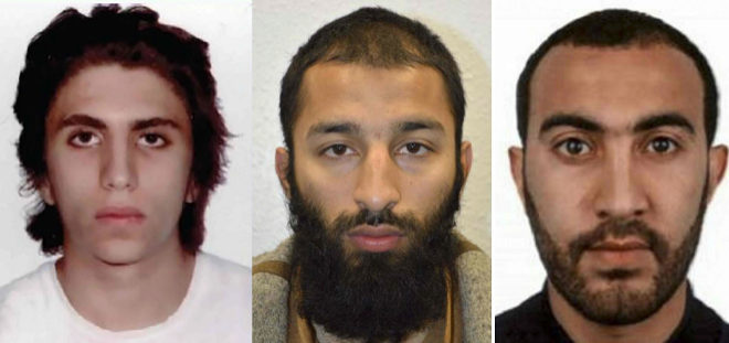 Los tres terroristas de Londres: Youssef Zaghba, Khuram Shazad Butt (el cabecilla) y Rachid Redouane.
