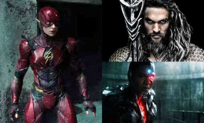De izquierda a derecha, The Flash, Aquaman y Cyborg, tres personajes...