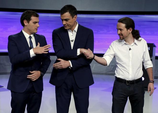 Albert Rivera, Pedro Snchez y Pablo Iglesias, durante un debate para...