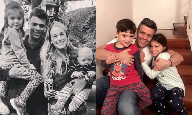 Leopoldo López, con sus hijos, en 2014 antes de ser encarcelado, y ahora.