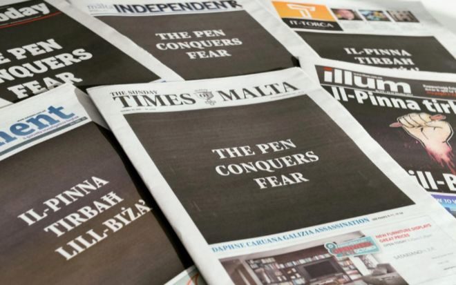 Todos los peridicos de Malta hoy imprimieron en su portada el lema: "La pluma conquistar al miedo".