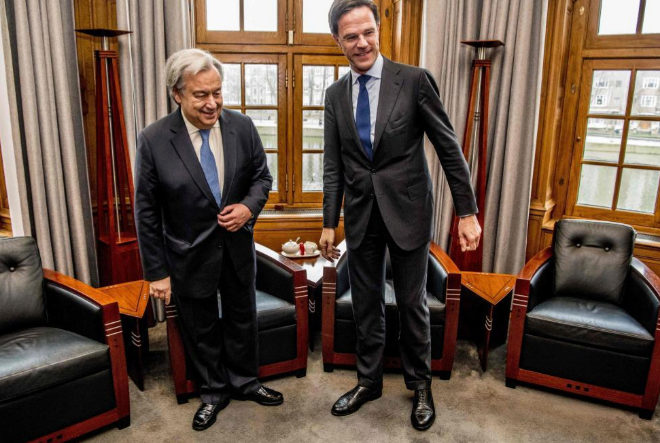 El primer ministro holands Mark Rutte ha recibido al secretario general de la ONU, Antonio Guterres, para esta celebracin de la justicia internacional.