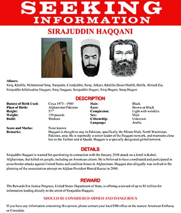 Cartel de bsqueda y captura emitido por EEUU de Sirajuddin Haqqani.