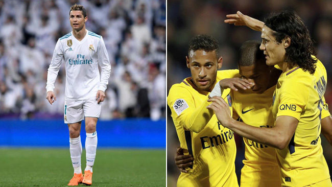A la izda: Cristiano Ronaldo; a la dcha: Neymar, Mbapp y Cavani.