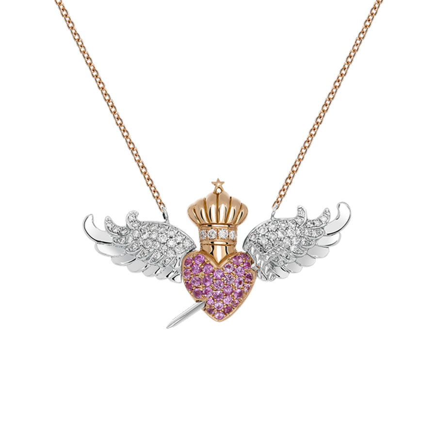 Colgante con forma de corazn y alas hecho en oro rosa con diamantes...