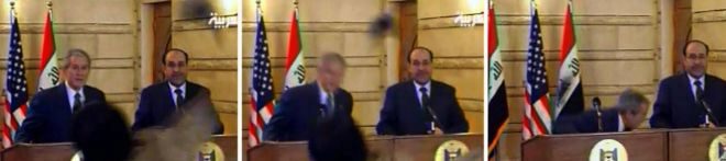 Secuencia de imgenes en las que el periodista iraqu lanza un zapato (izquierda) contra George W. Bush, en 2008.