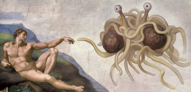 Monesvol, el monstruo espagueti volador, es el dios de los pastafaris.