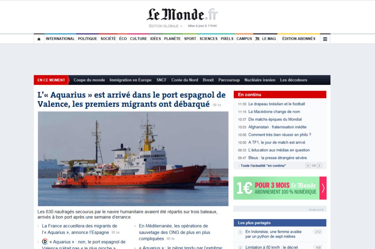 El diario francs recoge la llegada del Aquarius al puerto espaol...