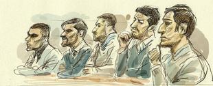 Ilustracin de los cinco acusados de La Manada durante el juicio