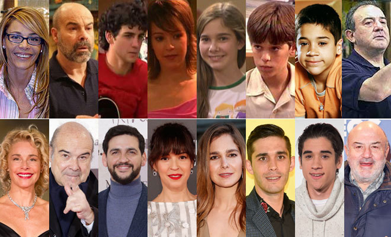 El elenco de Los Serrano, en la poca de la serie (arriba) y en la...