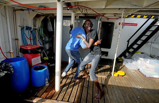 Inmigrantes rescatados por el buque espaol &apos;Open Arms&apos;, ayer, en la...
