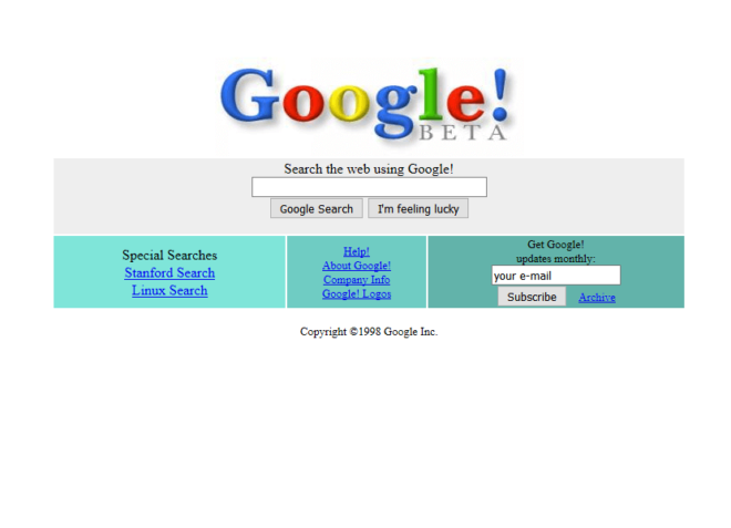 As se presentaba la primera versin beta de Google en 1998.