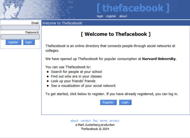 As era la primera web de Facebook, en 2004.