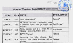 Mensaje de WhatsApp de Gimeno encontrados por la polica judicial.
