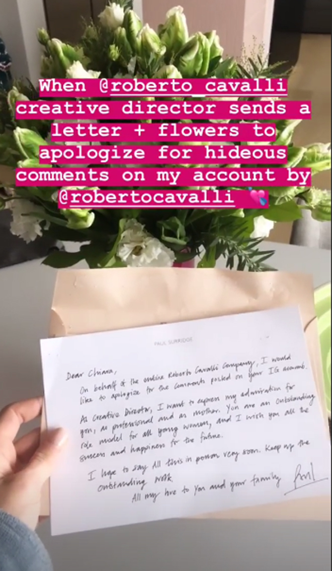 Cavalli manda flores y una carta de disculpa a Chiara Ferragni tras su duro  ataque | Celebs