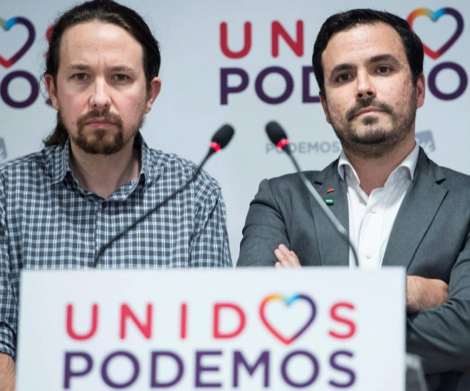 Pablo Iglesias y Alberto Garzn, durante su comparecencia tras los...