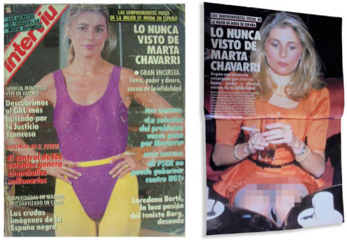 Ejemplar de 1989 de la portada y doble pgina interior de 'Intervi' donde aparece Marta Chvarri, entonces pareja del empresario Alberto Cortina, con el pubis a la vista en el original.