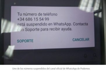 Uno de los nmeros suspendidos del canal oficial de WhasApp de Podemos.