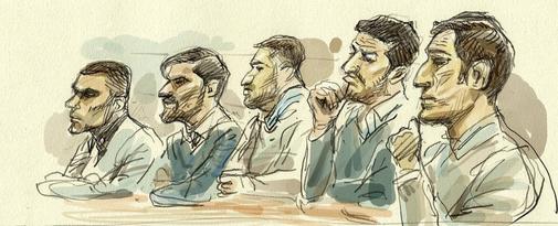 Ilustración de los cinco acusados de La Manada durante el juicio