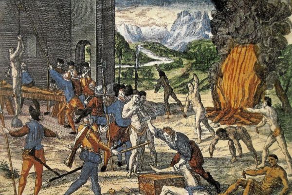 Grabado de Teodoro de Bry muestra a españoles torturando a indios.