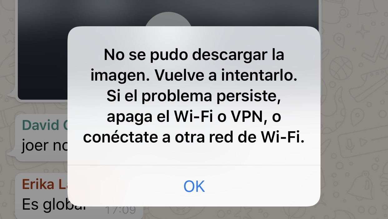 Al intentar descargar los archivos aparece una alerta en la que se recomienda apagar el Wifi o el VPN o conectarse a otra red Wifi, pero ninguna de estas acciones soluciona el problema.