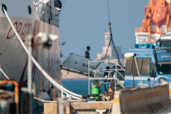 Rescued migrant disembarks from Italian coastguard ship Gregoretti in...