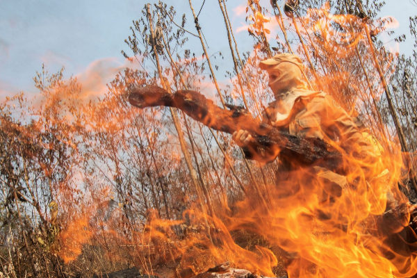 Un bombero tras las llamas en la selva amaznica, cerca de Porto...