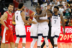 Basketball - FIBA World Cup - First Round - Group E - United States v Turkey Basketball - FIBA World Cup - First Round - Group E - United States v Turkey - Shanghai Oriental Sports Centre, Shanghai, China - September 3, 2019 Khris Middleton of the U.S. celebrates with teammates after the match REUTERS/Aly Song