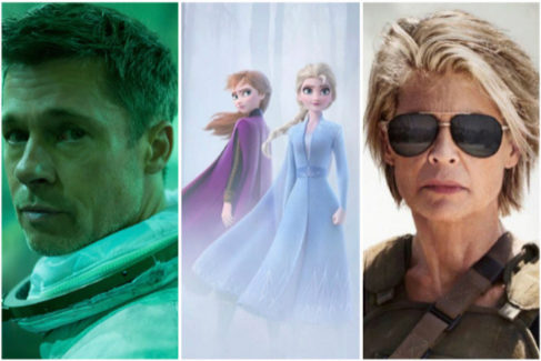 De izda. a dcha: Brad Pitt, protagonista de 'Ad Astra'; una imagen de 'Frozen 2'; y Linda Hamilton, en el regreso de 'Terminator'.