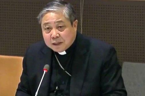 El arzobispo Bernardito Auza, en una intervencin en la sede de la...