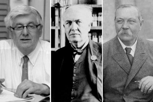 De izquierda a derecha: Paul Frampton, Arthur Conan Doyle y Thomas Edison.