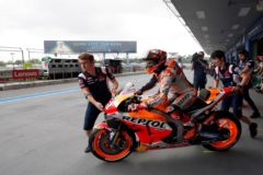 Buriram (Thailand).- Spanish MotoGP rider <HIT>Marc</HIT> <HIT>Marquez</HIT> of Repsol Honda Team rides his bike while leaving the pitlane during the free practice one of the Motorcycling Grand Prix of Thailand at Chang International Circuit, Buriram province, Thailand, 04 October 2019. (Motociclismo, Ciclismo, Tailandia) EPA/