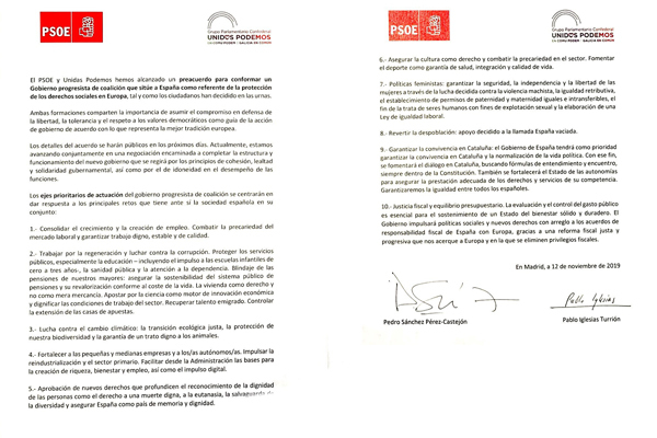 Documento del acuerdo de Gobierno entre el PSOE y Podemos, con las...