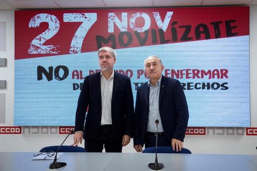 Los lderes sindicales Unai Sordo y Pepe lvarez, juntos en un acto...
