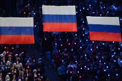 La bandera rusa en un podio de los Juegos Olmpicos de Sochi, en 2014.
