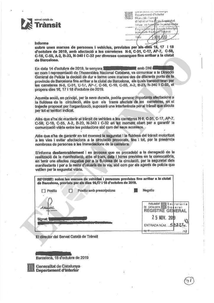 Informe remitido por el Servicio Cataln de Trfico a la Generalitat el pasado 15 de octubre.