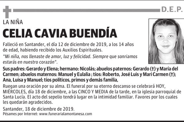 Esquela de Celia Cavia publicada en el Diario Montas.