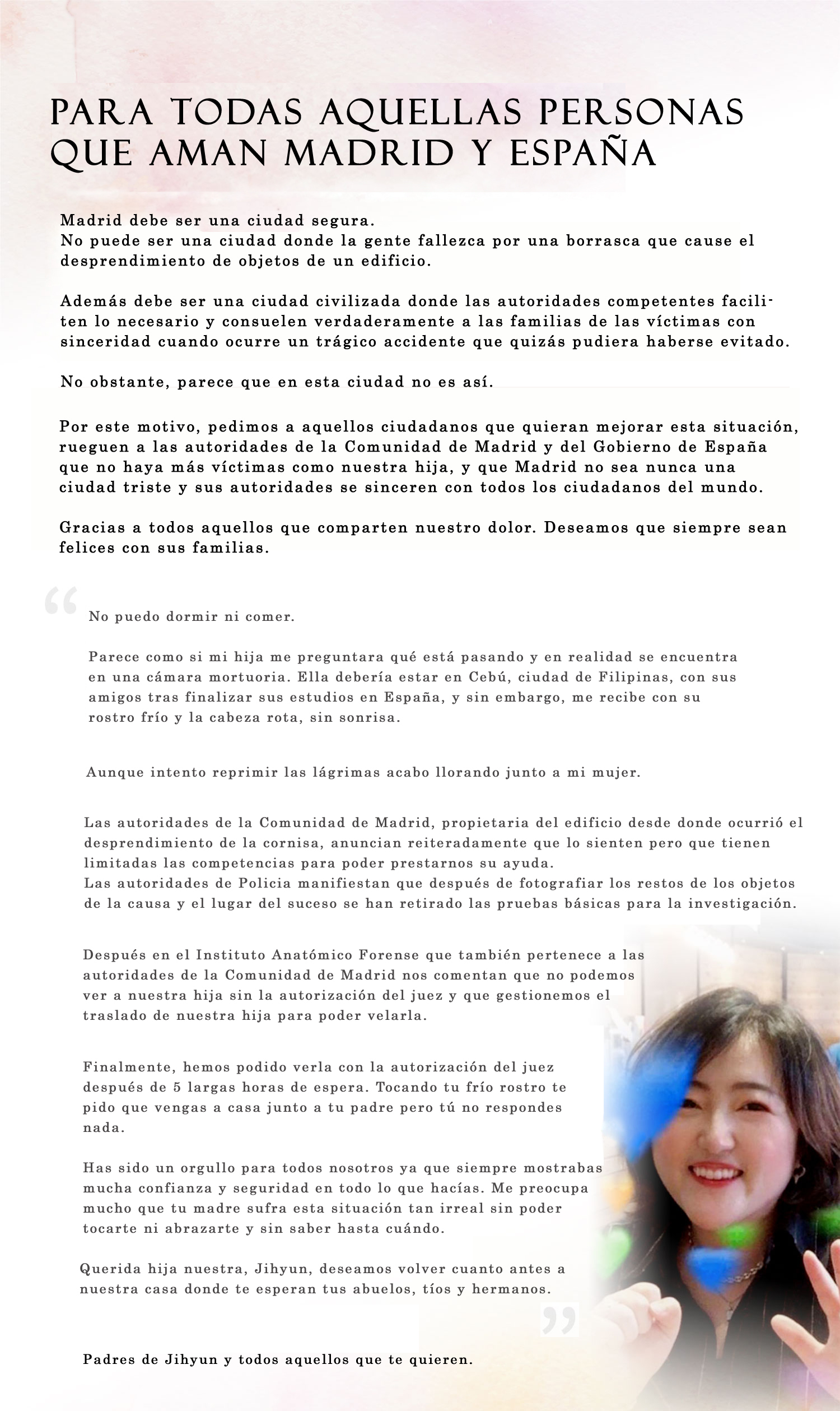 Carta escrita por el padre de la joven coreana fallecida.