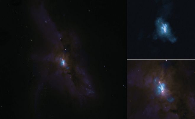 La imagen grande es una combinacin de imgenes tomadas por el radiotelescopio ALMA y el telescopio espacial Hubble de la galaxia NGC 6240. La imagen inferior de la derecha es un zoom de la misma y la superior es la tomada por ALMA
