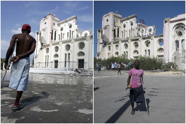 La catedral destruida, el 20 de enero de 2010, y (d) la misma catedral el 7 de enero de 2020, en Puerto Prncipe (Hait).