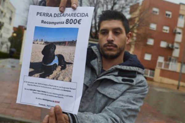 El joven detenido mostrando un cartel de su perro con el precio de la recompensa.