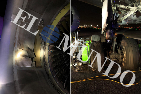 Detalle del motor y de la rueda del B-767 de Air Canada que aterriz de emergencia, este lunes, en el aeropuerto de Madrid-Barajas.