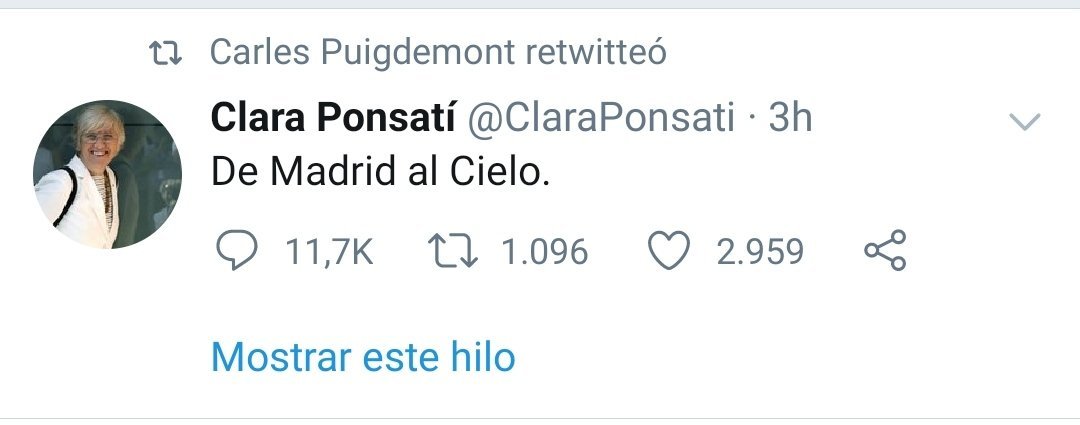 El 'tuit' escrito por Clara Ponsatí y que ha sido borrado.