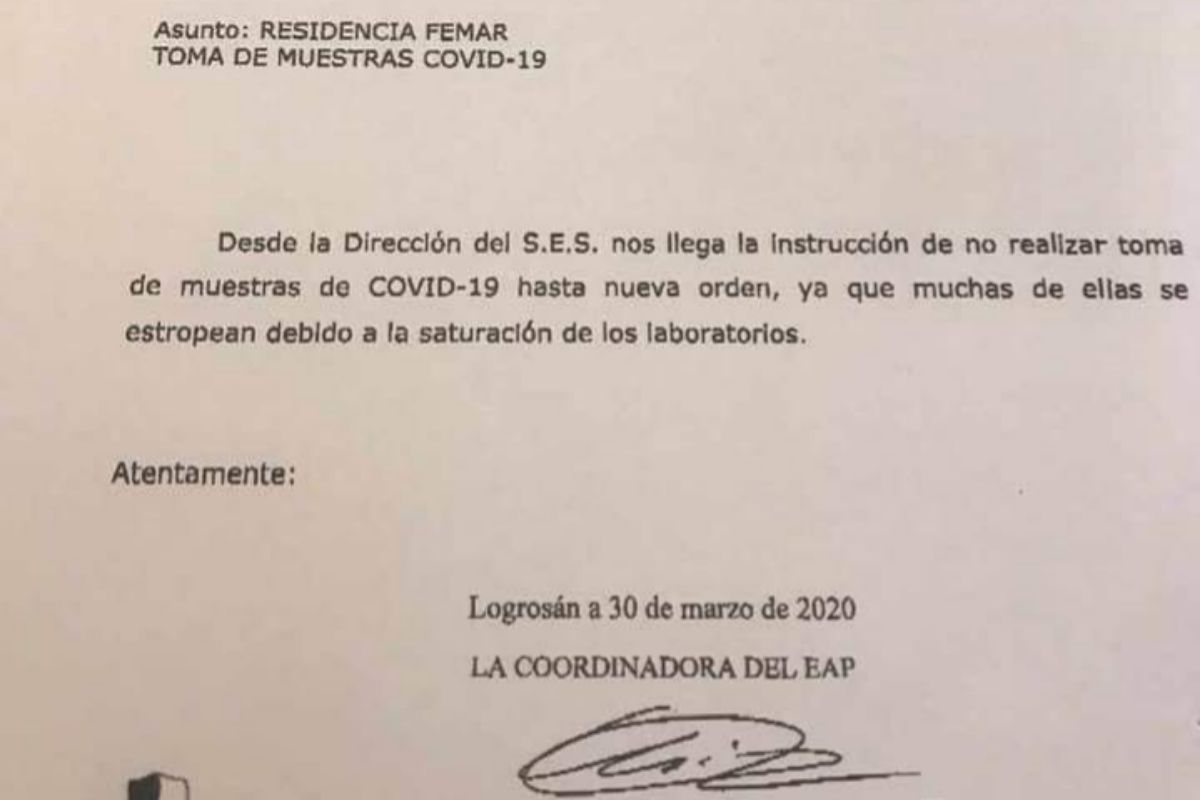 Notificación enviada por el Área de Salud de Cáceres a una residencia de Logrosán.